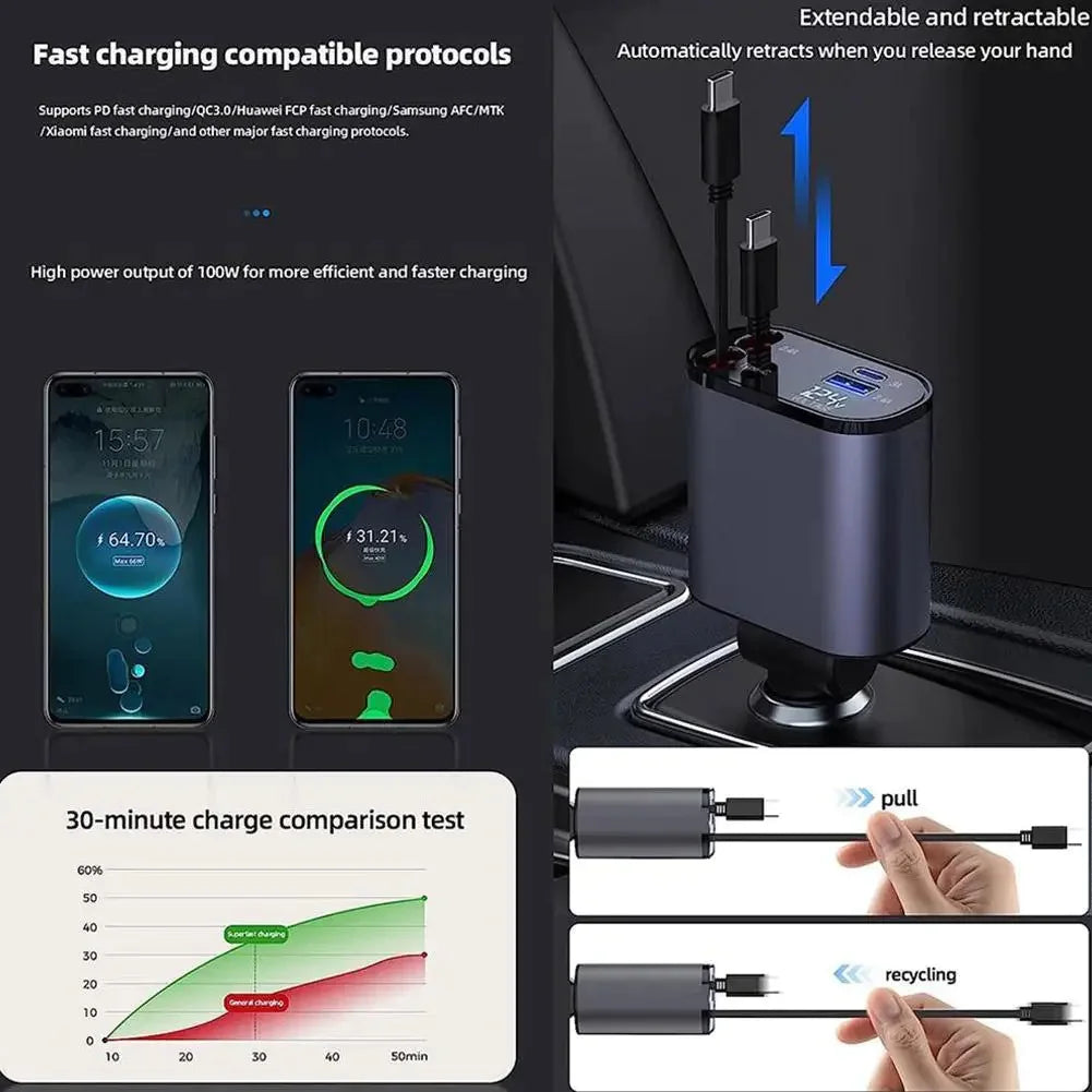 Retractable Car Charger 4 in 1 Fast Charging