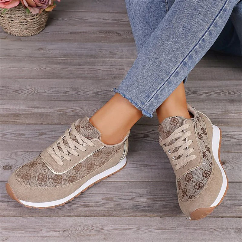 Flower Print Lace-Up Sneakers, Lightweight Casual Flats for Women