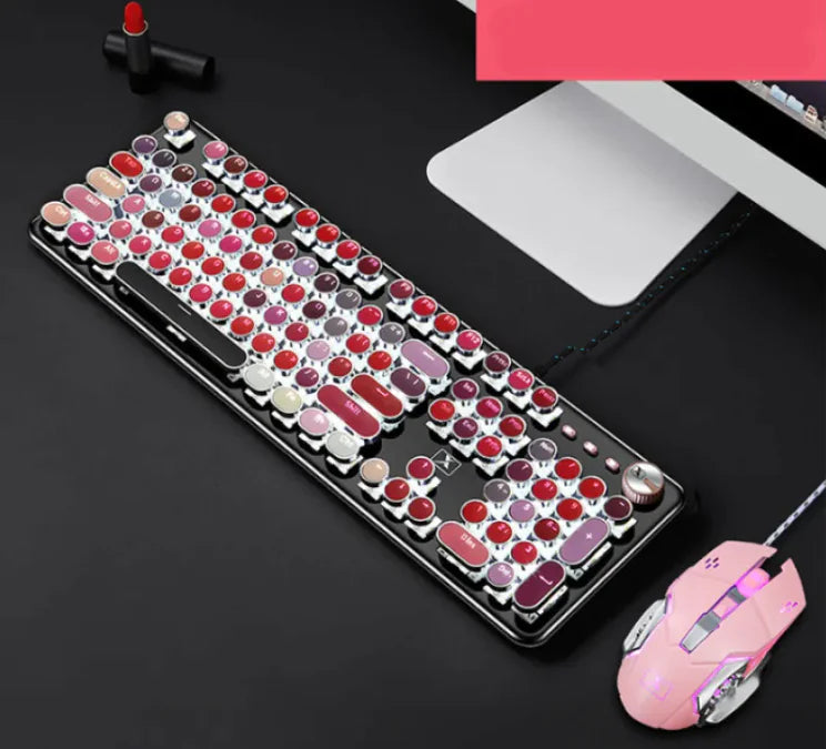 Girls Pink Real Mechanical Keyboard Green Axis Punk Retro Round Keys