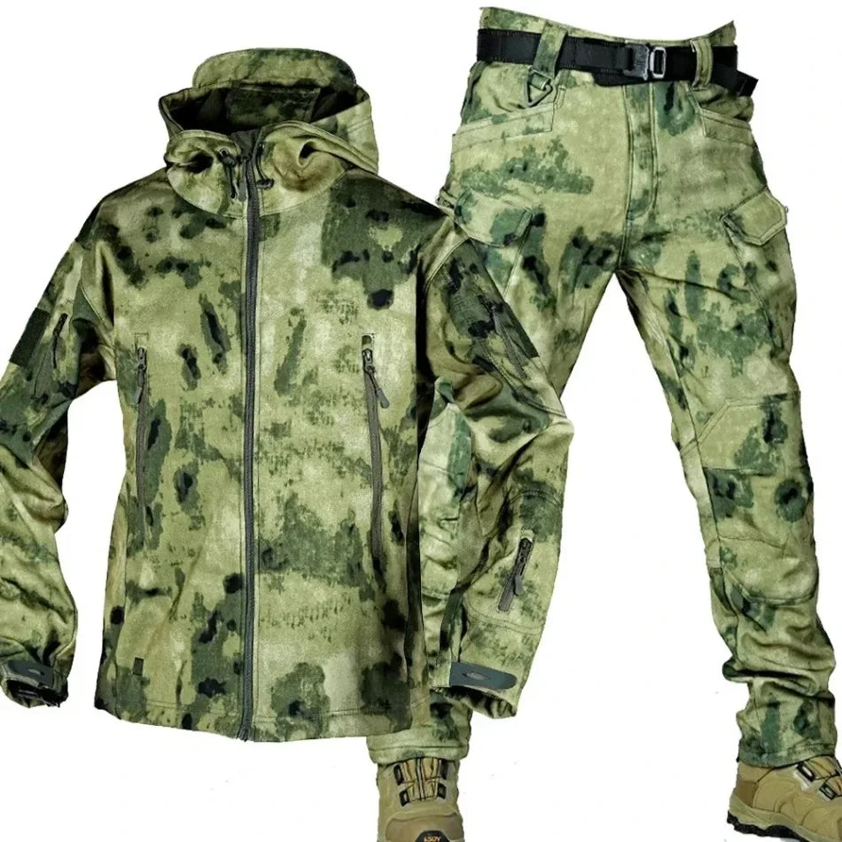 Winter Thicken Men Camo Suit Waterproof Tactical Training Set Multi-pocket Hooded Jacket Fleece Pants Outdoor Hunting 2-piece