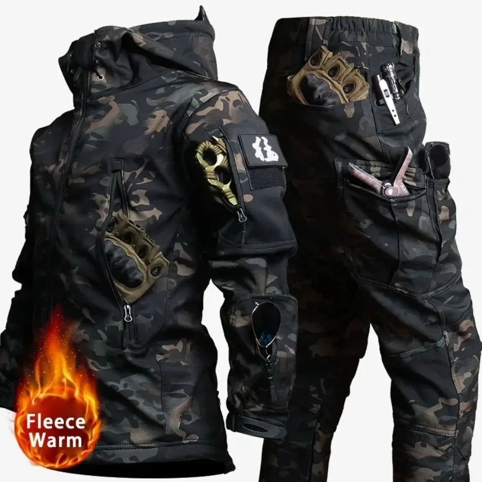 Winter Thicken Men Camo Suit Waterproof Tactical Training Set Multi-pocket Hooded Jacket Fleece Pants Outdoor Hunting 2-piece