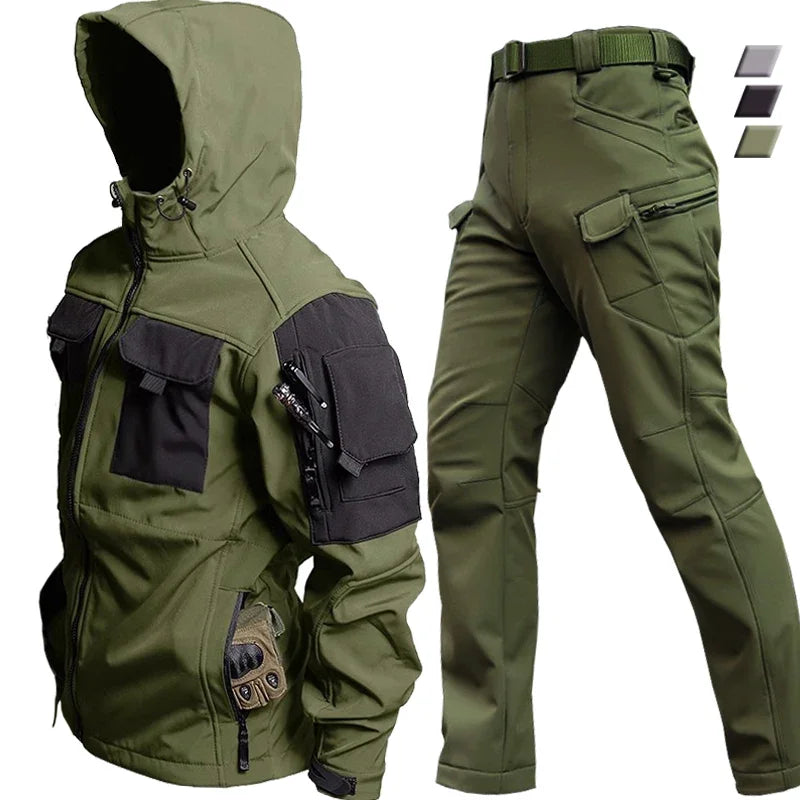 Winter Outdoor Waterproof Suits Men Tactical Windproof Hooded Jacket Fleece Warm Pants Multi-pocket  Thermal Sets Autumn