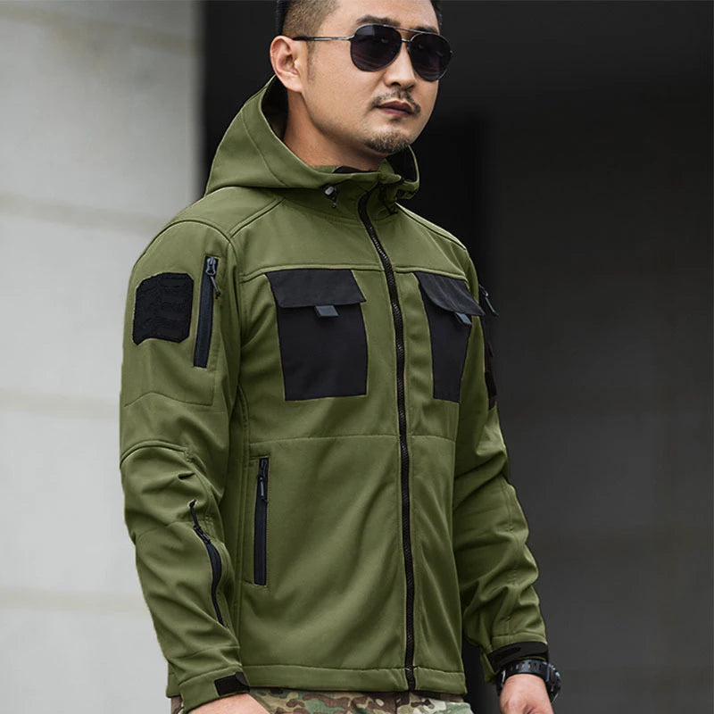 Outdoor Tactical Set Men Military Multi-pocket Hooded Work Jacket+Windproof  Waterproof Fleece Cargo Pants Winter Sharkskin Suit