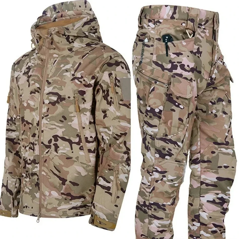 Winter Thicken Men Camo Suit Waterproof Tactical Training Set Multi-pocket Hooded Jacket Fleece Pants Outdoor Hunting 2-piece