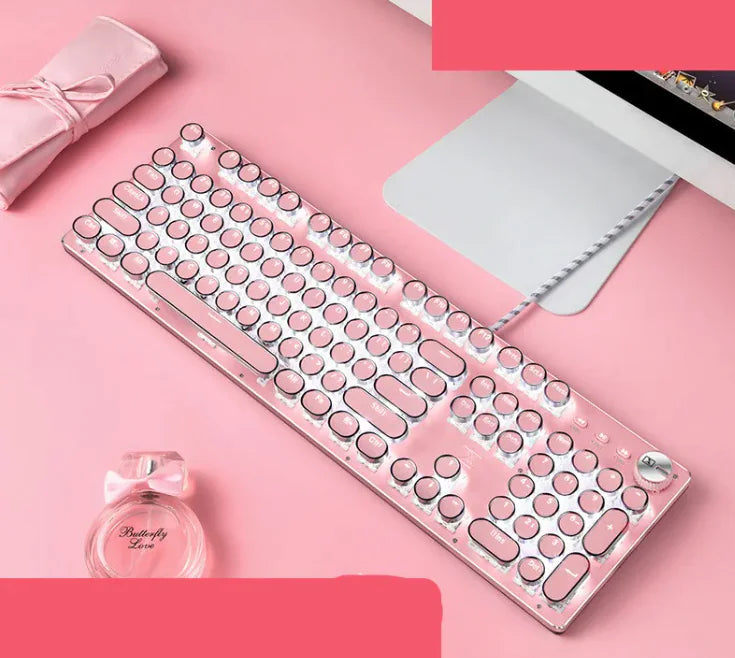 Girls Pink Real Mechanical Keyboard Green Axis Punk Retro Round Keys