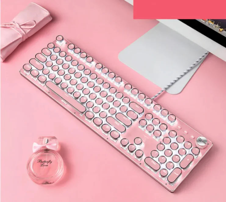 Girls Pink Real Mechanical Keyboard Green Axis Punk Retro Round Keys